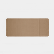 A tan leather sofa sleeve with a stitched border and a slightly raised area on the right side, displayed against a plain white background.