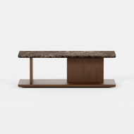 Beam Stone Coffee Table featuring a rectangular brown marble top, wooden base, and central vertical panel, displayed on a plain white background.