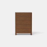 The Essential Dresser, featuring five drawers, a simple design, and a smooth brown finish, is displayed against a plain white background.