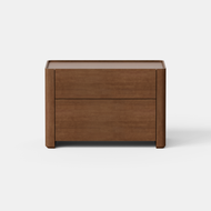 The Essential Nightstand, 30″, is a wooden piece with two drawers, showcasing a simple modern design and a smooth brown finish, displayed against a plain white background.