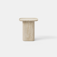 A Pedestal Stone Side Table with a small, square top in a light hue, featuring rounded edges and supported by a thick cylindrical base, displayed against a plain white background.